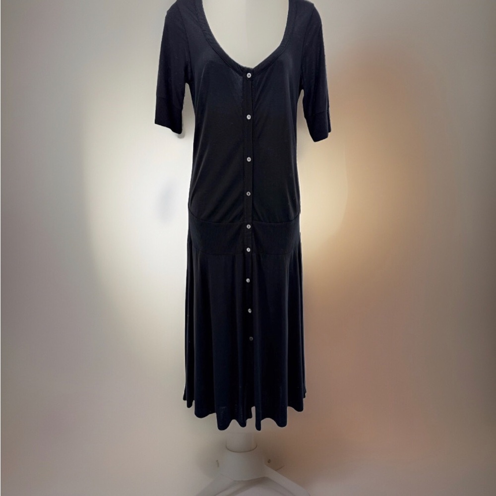 James Perse Black Button Front Drop Waist Stretchy Dress  3 L Minimalist Classic